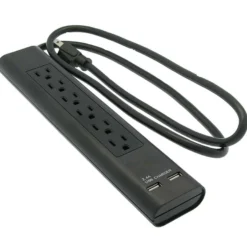 4ft 6-Outlet Surge Protector 14/3 AWG 300J W/ 2 USB Charging Ports Black